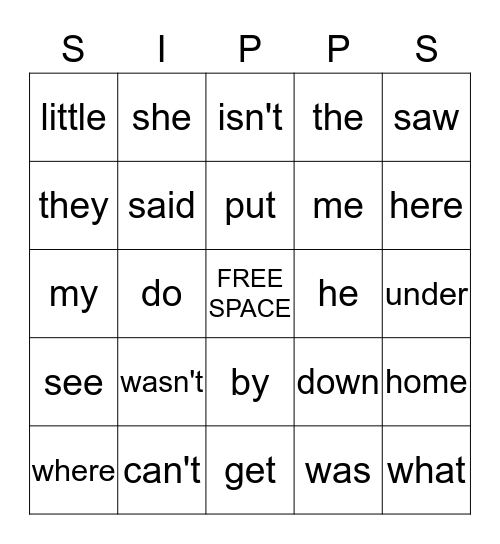 SIPPS SIGHT WORDS Bingo Card
