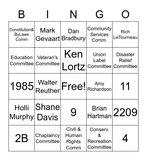 Local 2209 Bingo Card