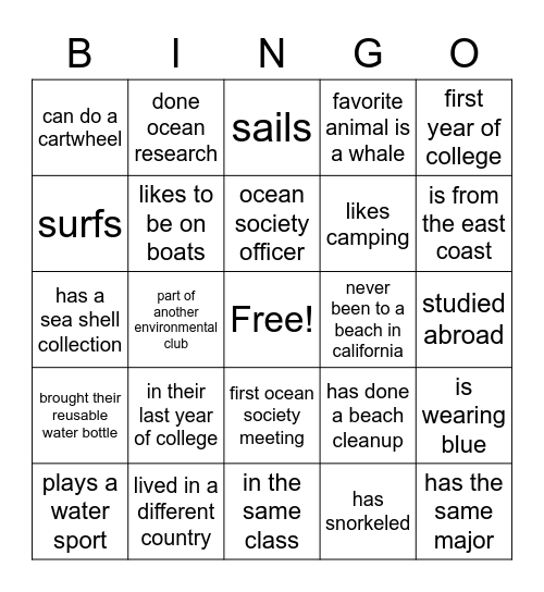 Ocean Society Bingo Card