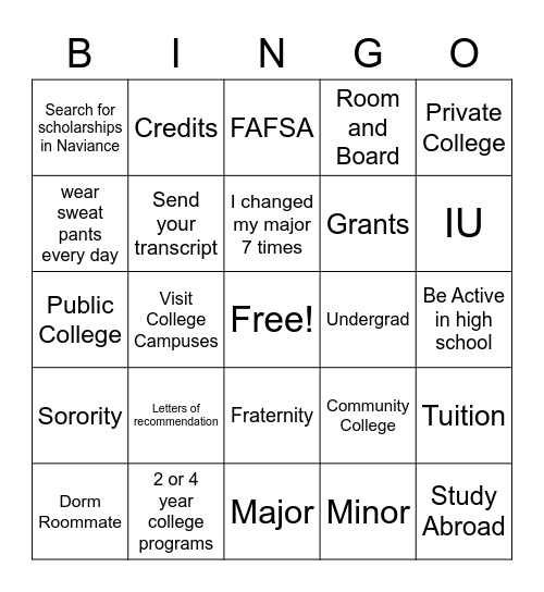 College Bingo Card