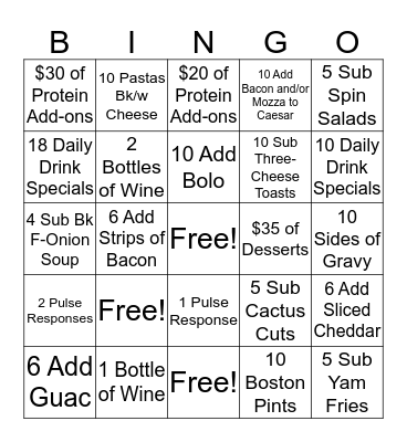 Boston Pizza Server Bingo Contest! Bingo Card