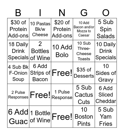 Boston Pizza Server Bingo Contest! Bingo Card