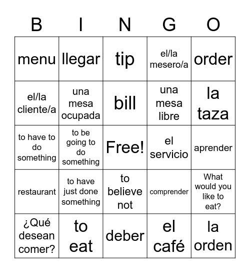 Comer en un restaurante Bingo Card