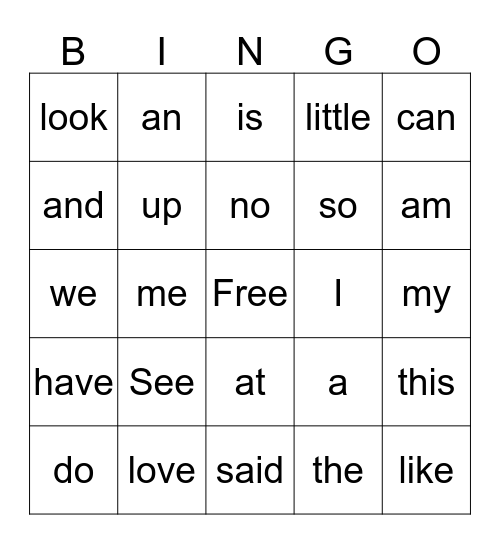 Sight words Bingo Card