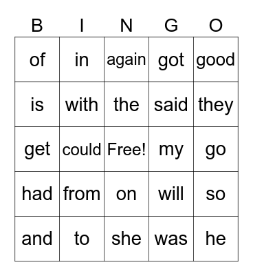 OG Sight Words Bingo Card