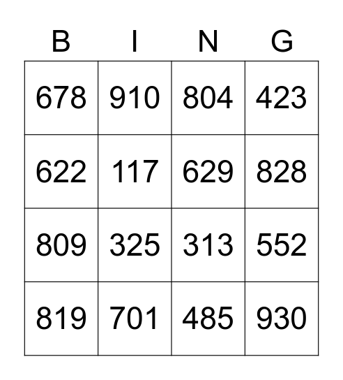 3 Digit Numbers Bingo Card