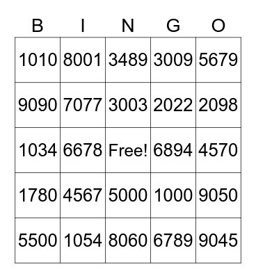 4 Digit Numbers Bingo Card