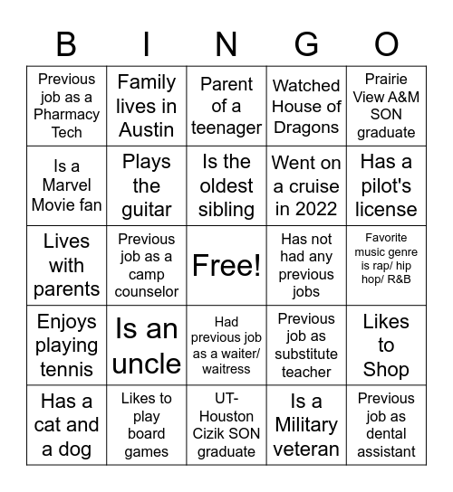 Residency - Getting to Know One Another Bingo Card