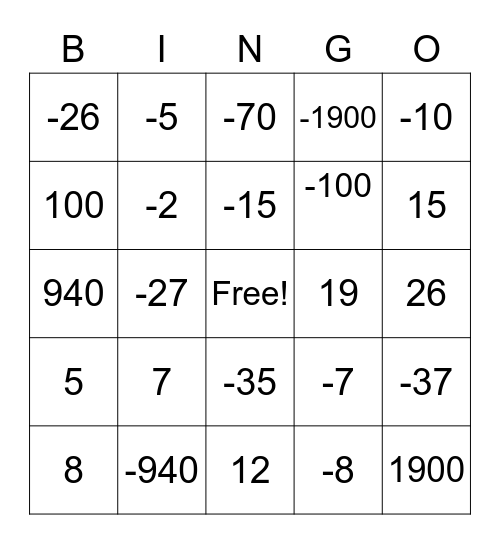 Integer Bingo Card