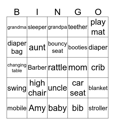 Amy's Baby Shower Bingo Card