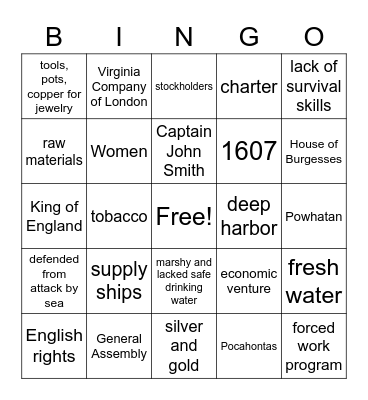 Jamestown Bingo Card