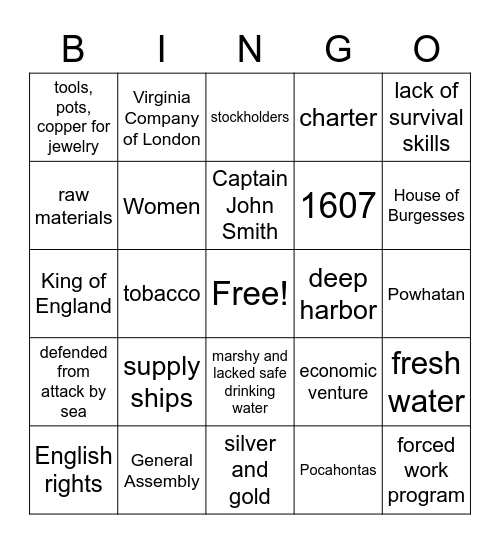 Jamestown Bingo Card