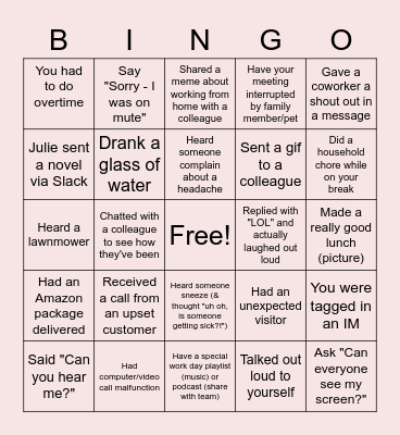 Remote Work Bingo Card