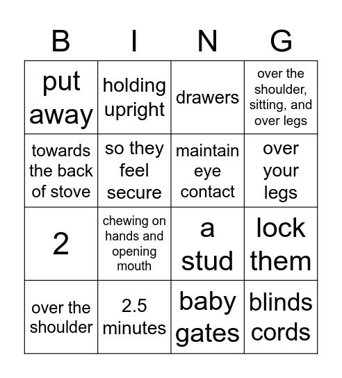 Baby proofing, feeding and burping babies Bingo Card