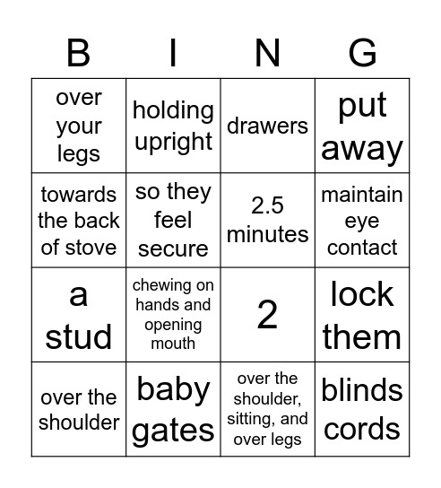 Baby proofing, feeding and burping babies Bingo Card