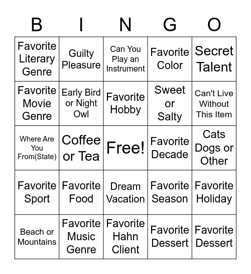 2-Minute Mixer Bingo Card