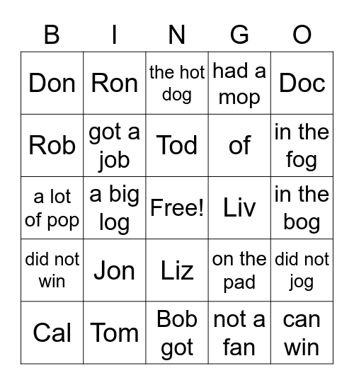 Level 1 Lesson 10 Bingo Card