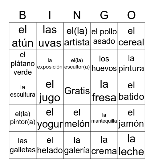 La comida/ El arte Bingo Card