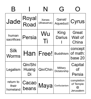 Y2 MS History Quiz 1 Review Bingo Card