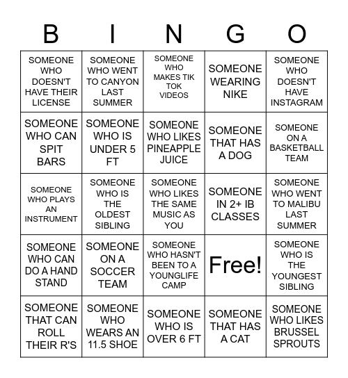 YOUNG LIFE Bingo Card