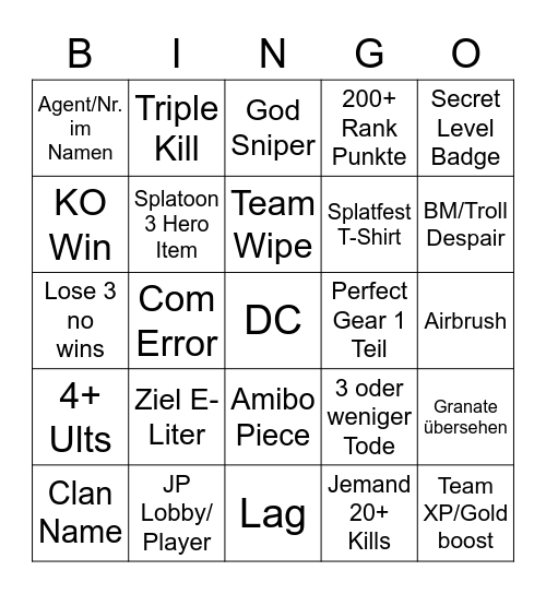 Splatoon 3 Ranked Bingo Card