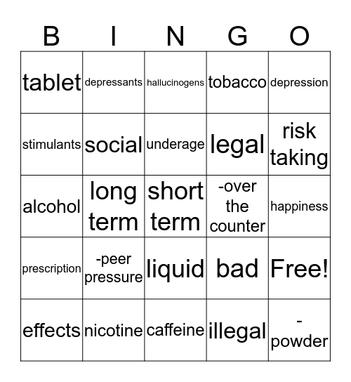 Drugs Bingo Card