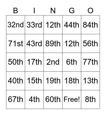 Ordinal Numbers Bingo Card