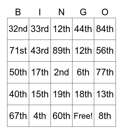 Ordinal Numbers Bingo Card