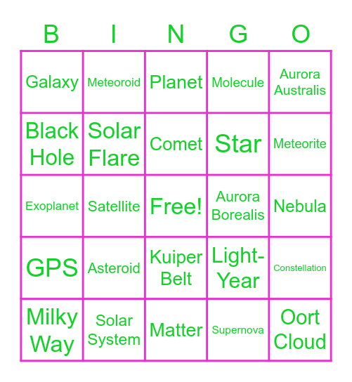 Space Lingo Bingo Card