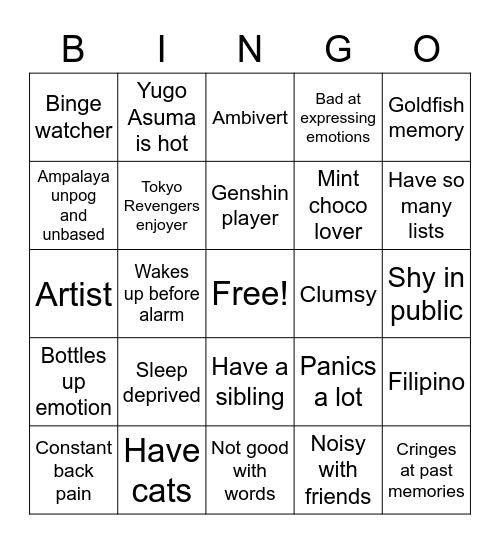 Yane Bingo Card