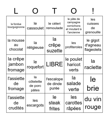 LA CUISINE AU RESTAURANT Bingo Card