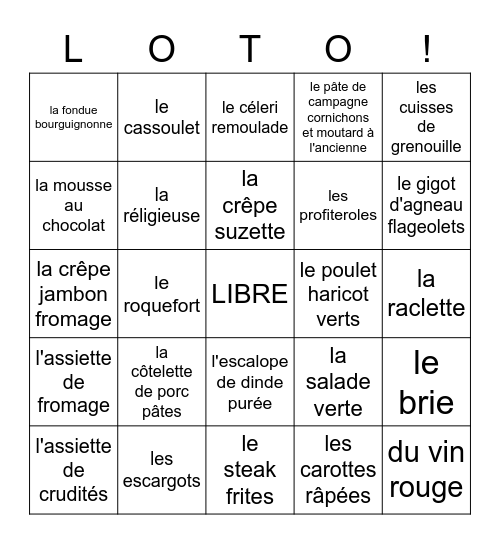 LA CUISINE AU RESTAURANT Bingo Card