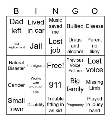 Sob Story Bingo Card