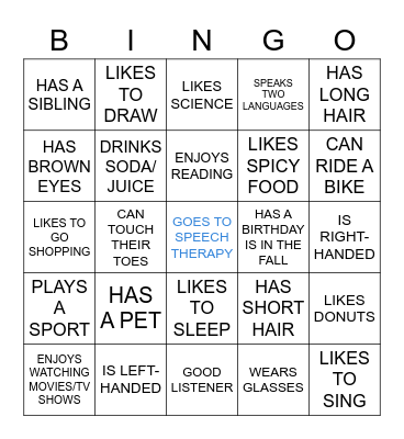 Getting To Know You Bingo Card