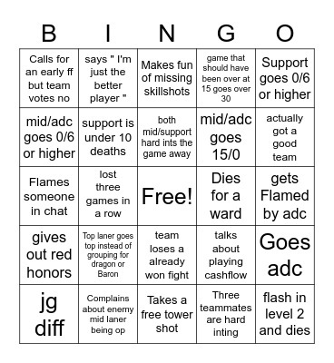 League coping Bingo Card