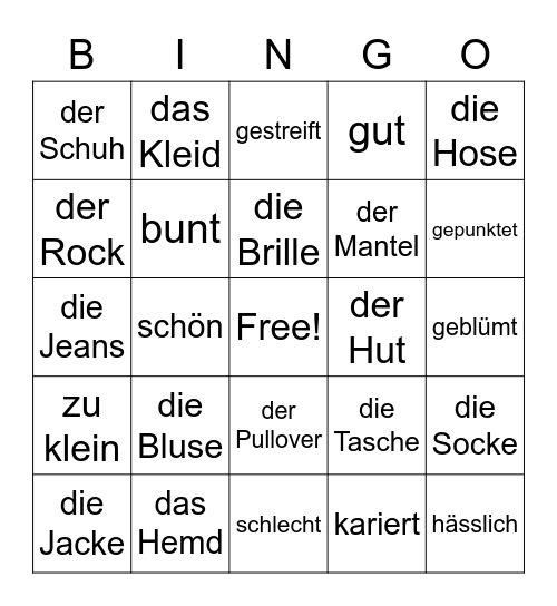 Kleidung Bingo Card