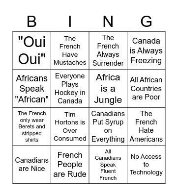 Francophone Stereotypes Bingo Card