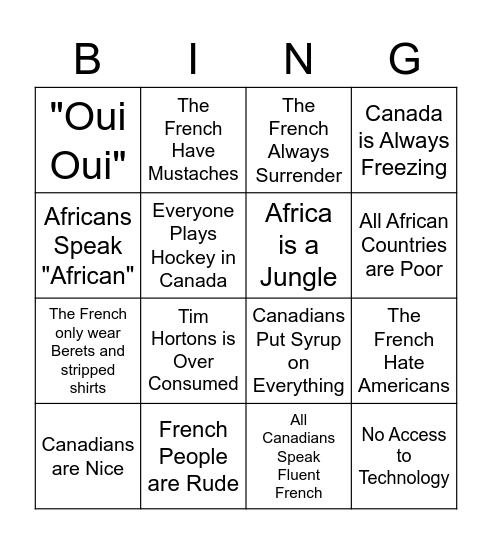 Francophone Stereotypes Bingo Card