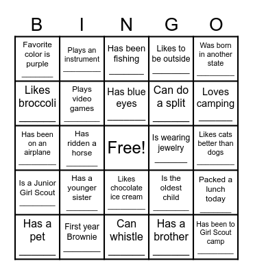 Girl Scout Bingo Card