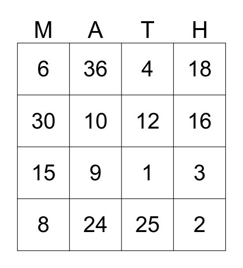 Multiplication Bingo Card