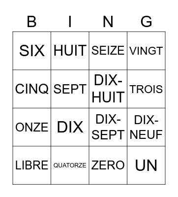 FRENCH NUMBERS 1-20 Bingo Card
