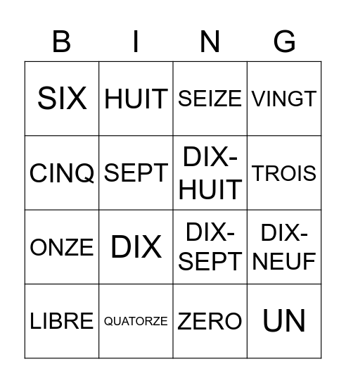 FRENCH NUMBERS 1-20 Bingo Card