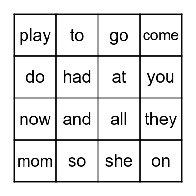 Sight Words Bingo Card