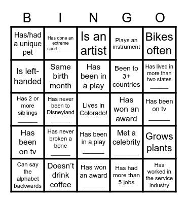 Ice Breaker Bingo Card