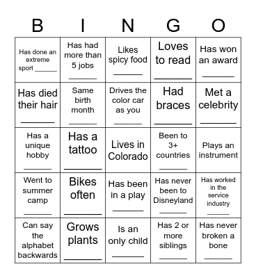 Ice Breaker Bingo Card