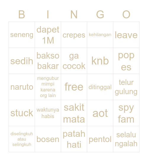 tara Bingo Card