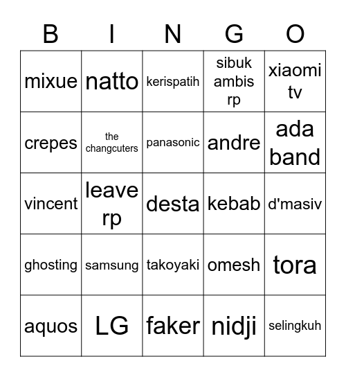 Bingo Indra Ganteng Bingo Card