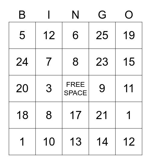 Numbers 1 to 25 Bingo Card