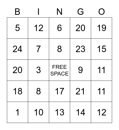 Numbers 1 to 25 Bingo Card