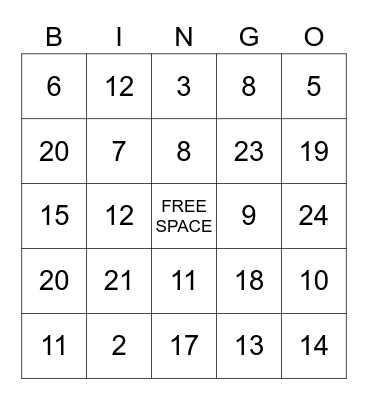 Numbers 1 to 25 Bingo Card